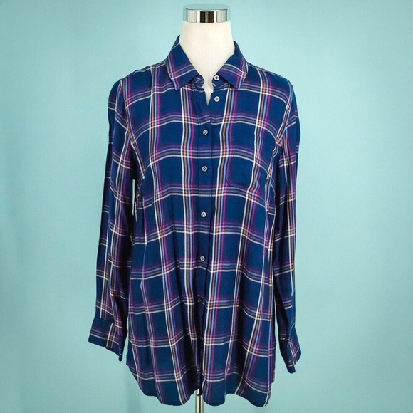 Talbots Size Medium Blue Buckingham Plaid Check Longer Length Perfect Shirt Top - Picture 1 of 6